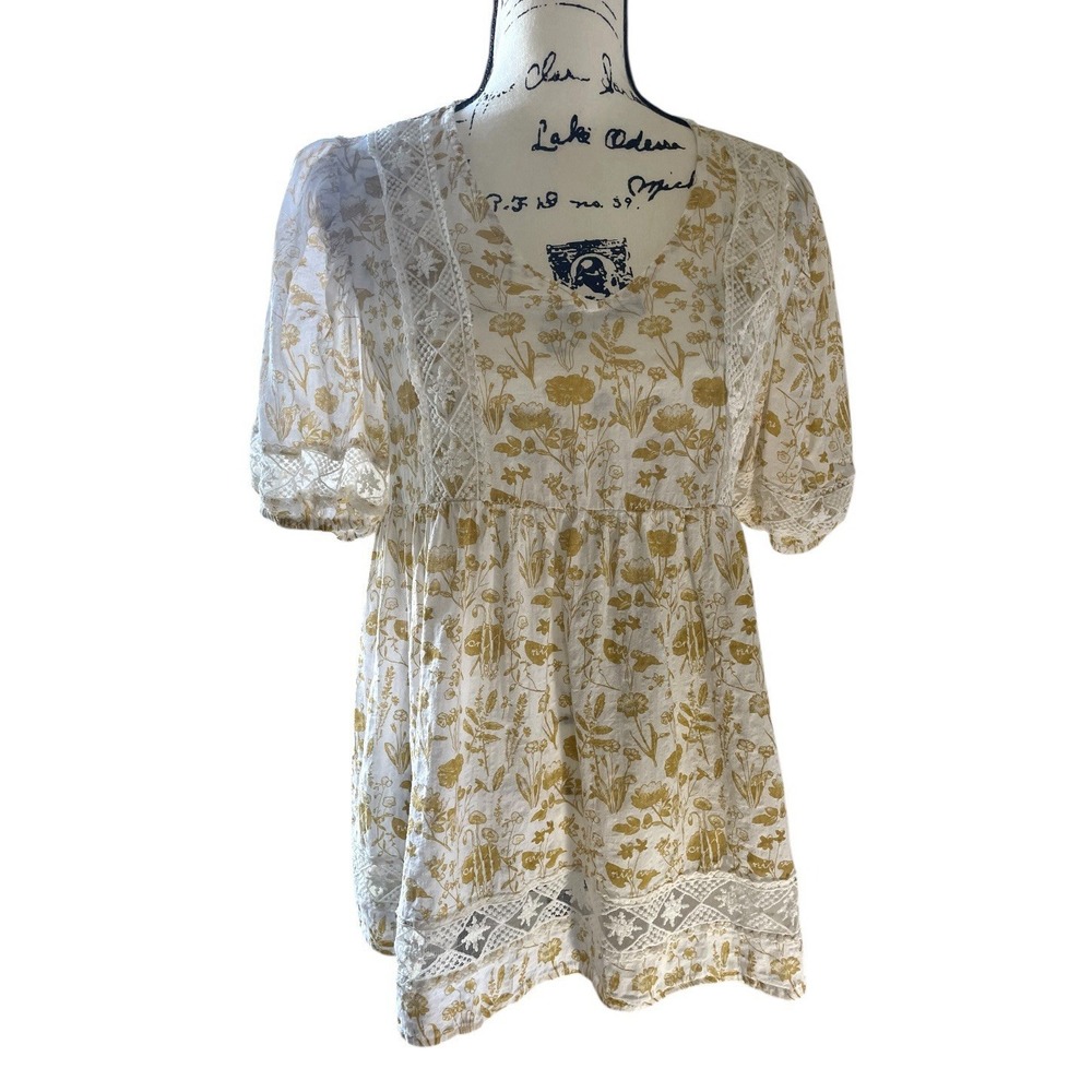 Hayden‎ Los Angeles Women Boho Floral Peasant Top M Puff Sleeve Lace Trim Blouse